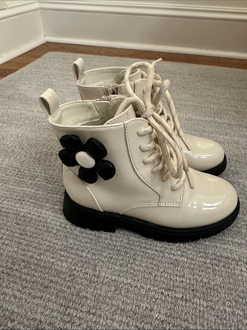 Kids Cream Lace-Up Combat Boots with Black Flower Accent